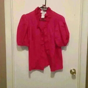 Pitchfork Brand Pink Ruffle Poofy Short Sleeve Button Down Blouse - Size Medium